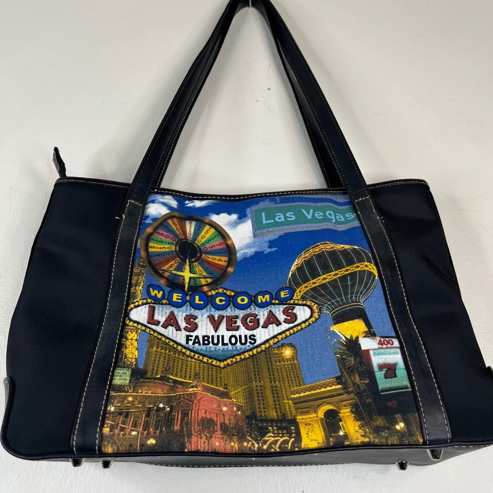 Las Vegas Tote Bag Women Black Cotton Vinyl Beaded Sequin Souvenir Shoulder Bag